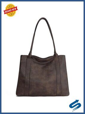 Large Vegan Leather Tote Bag with Zipper Multi-Pocket Shoulder Handbag